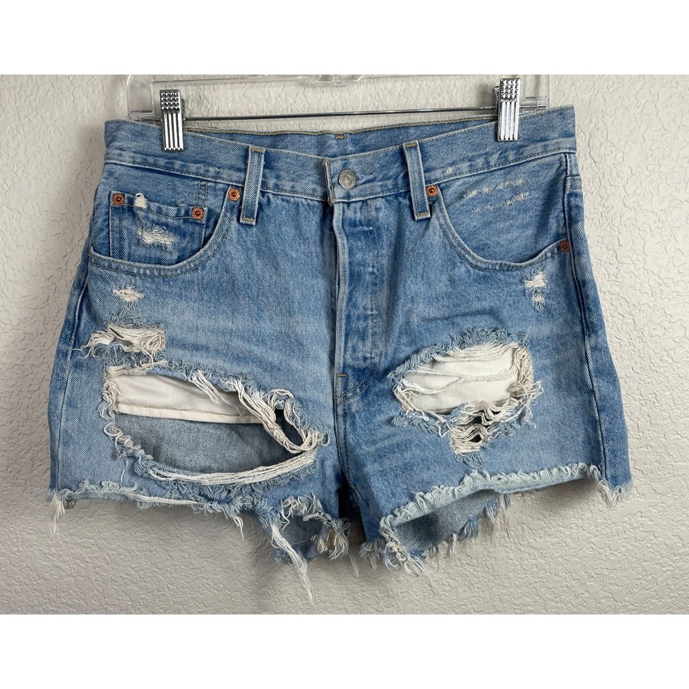Levis 501 Cut Off Jean Shorts Womens 29 Blue Button Fly Boho Festival Distressed